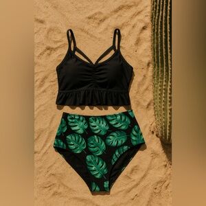 Tempt Me Black Ruffle Tankini Top & Tropical High Waist Bottoms Size Large
